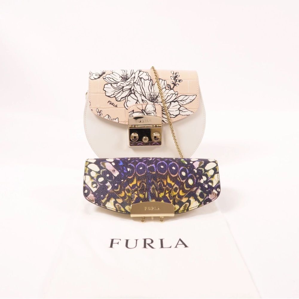 Rare Furla GHW Chain Floral Shoulder Bag Calfskin Leather White - Picture 9 of 13